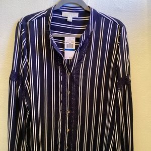 Michael Kors Tunic Blouse Navy White Stripe with Lace Trim